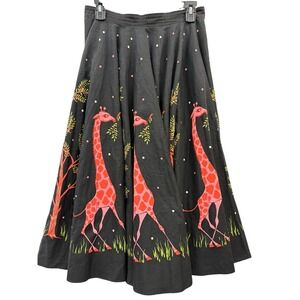 Vintage Handmade Women's Black Giraffe Tree Print Full Circle Skirt Midi L